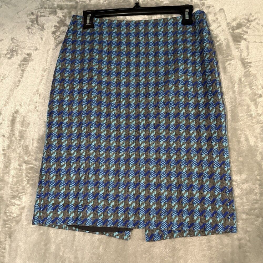 Talbots Petite Pencil Skirt Womens 4P Mini Wool Blend Straight Houndstooth Blue